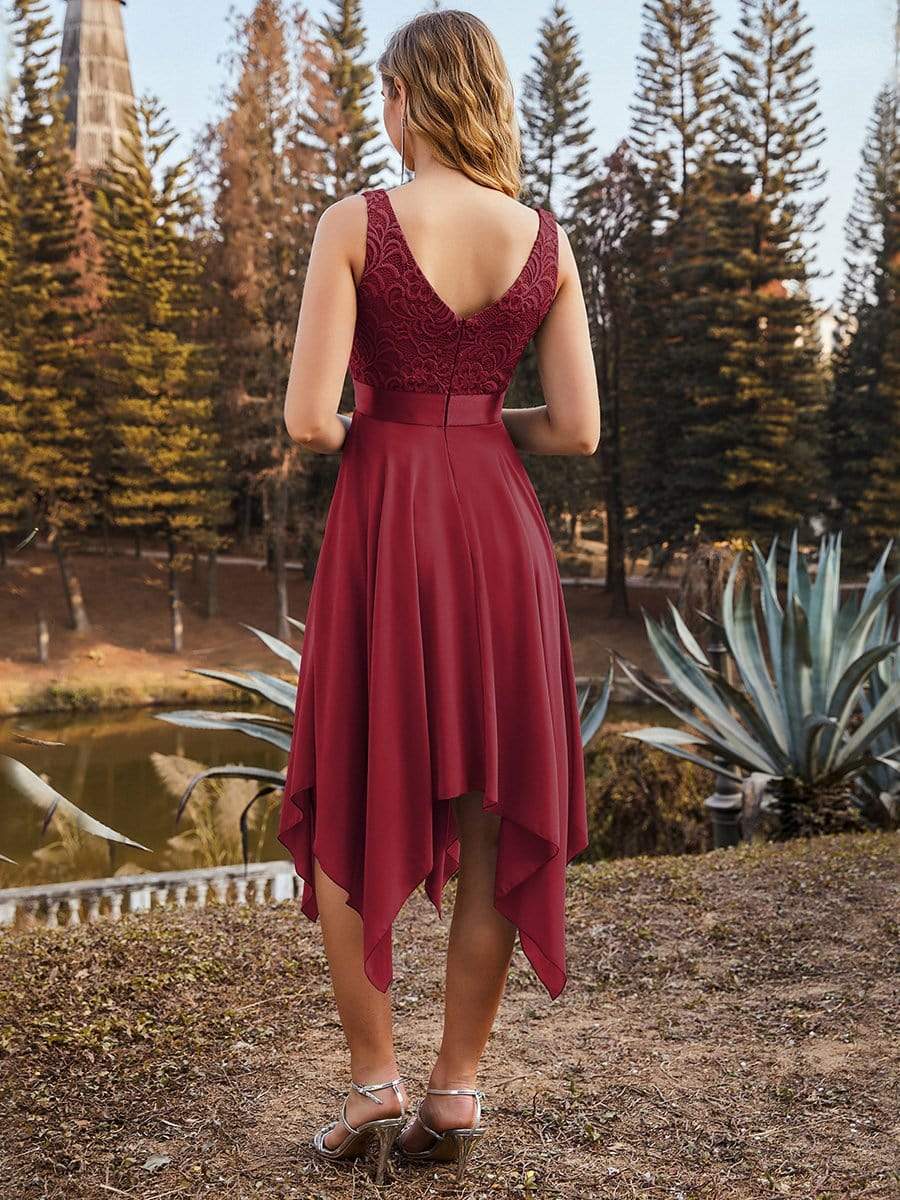 Color=Burgundy | Stunning V Neck Lace & Chiffon Prom Dress For Women-Burgundy 2