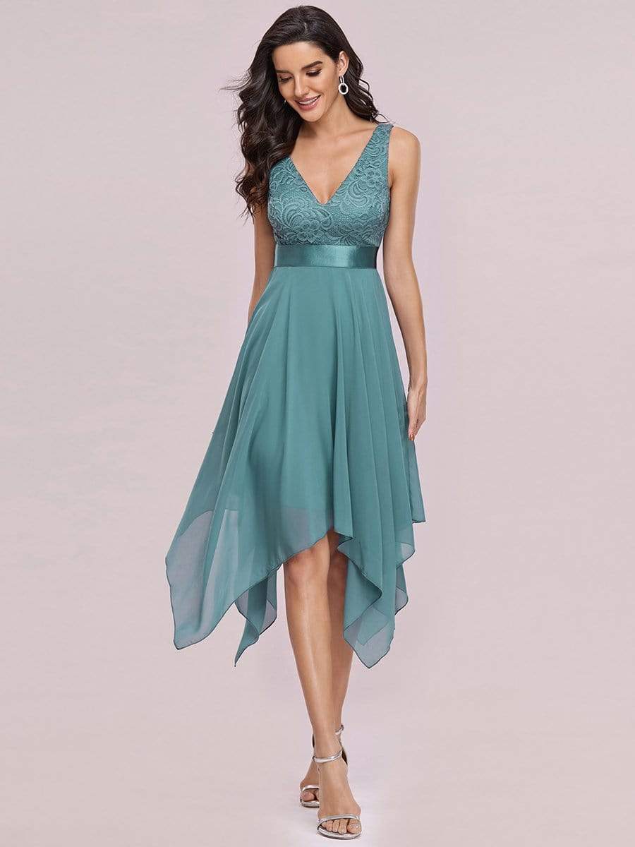 Color=Dusty Blue | Stunning V Neck Lace & Chiffon Prom Dress For Women-Dusty Blue 5