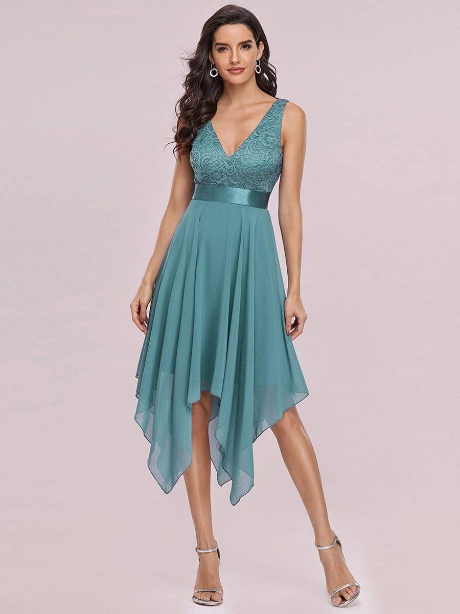 Color=Dusty Blue | Stunning V Neck Lace & Chiffon Prom Dress For Women-Dusty Blue 3