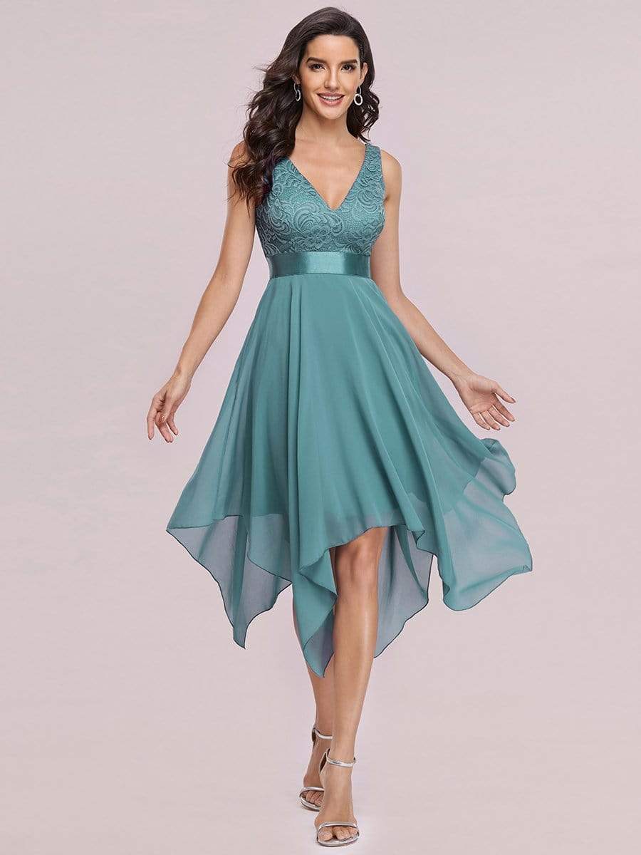 Color=Dusty Blue | Stunning V Neck Lace & Chiffon Prom Dress For Women-Dusty Blue 1