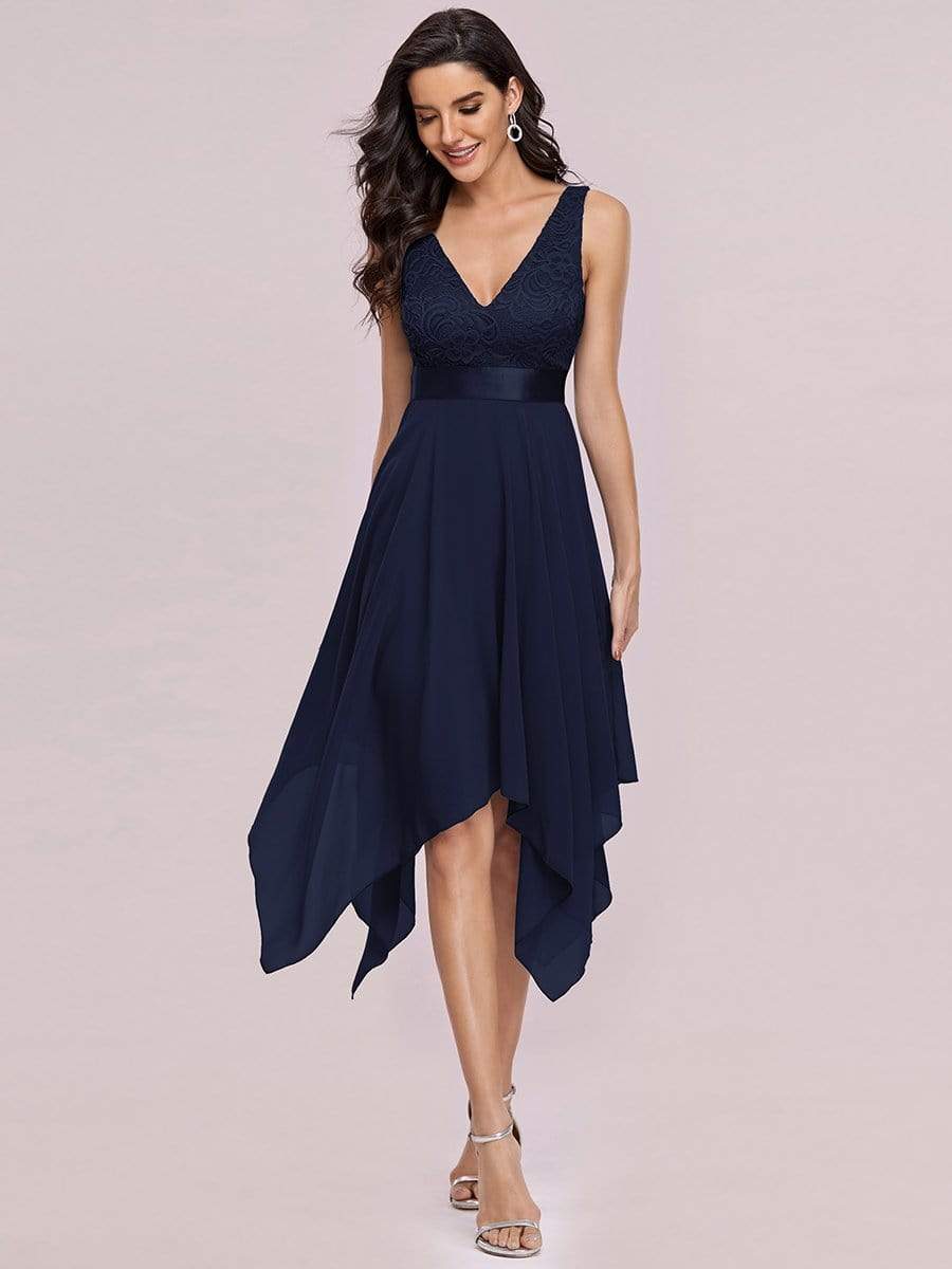 Color=Navy Blue | Stunning V Neck Lace & Chiffon Prom Dress For Women-Navy Blue 3