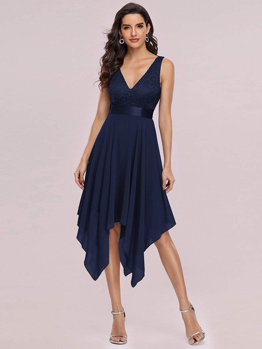 Color=Navy Blue | Stunning V Neck Lace & Chiffon Prom Dress For Women-Navy Blue 1