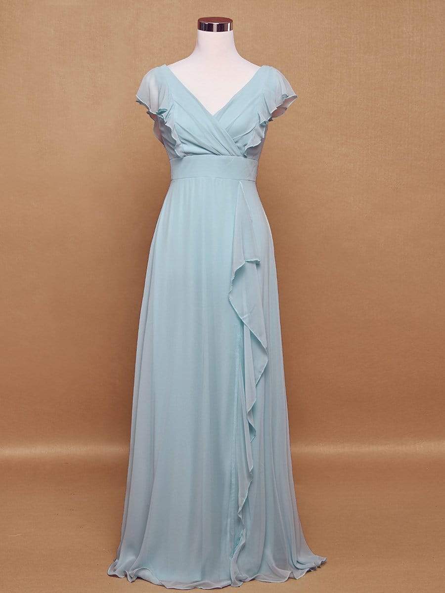 Color=Sky Blue | Ruffled V-Neck Cap Sleeve Floor Length Bridesmaid Dress-Sky Blue 6