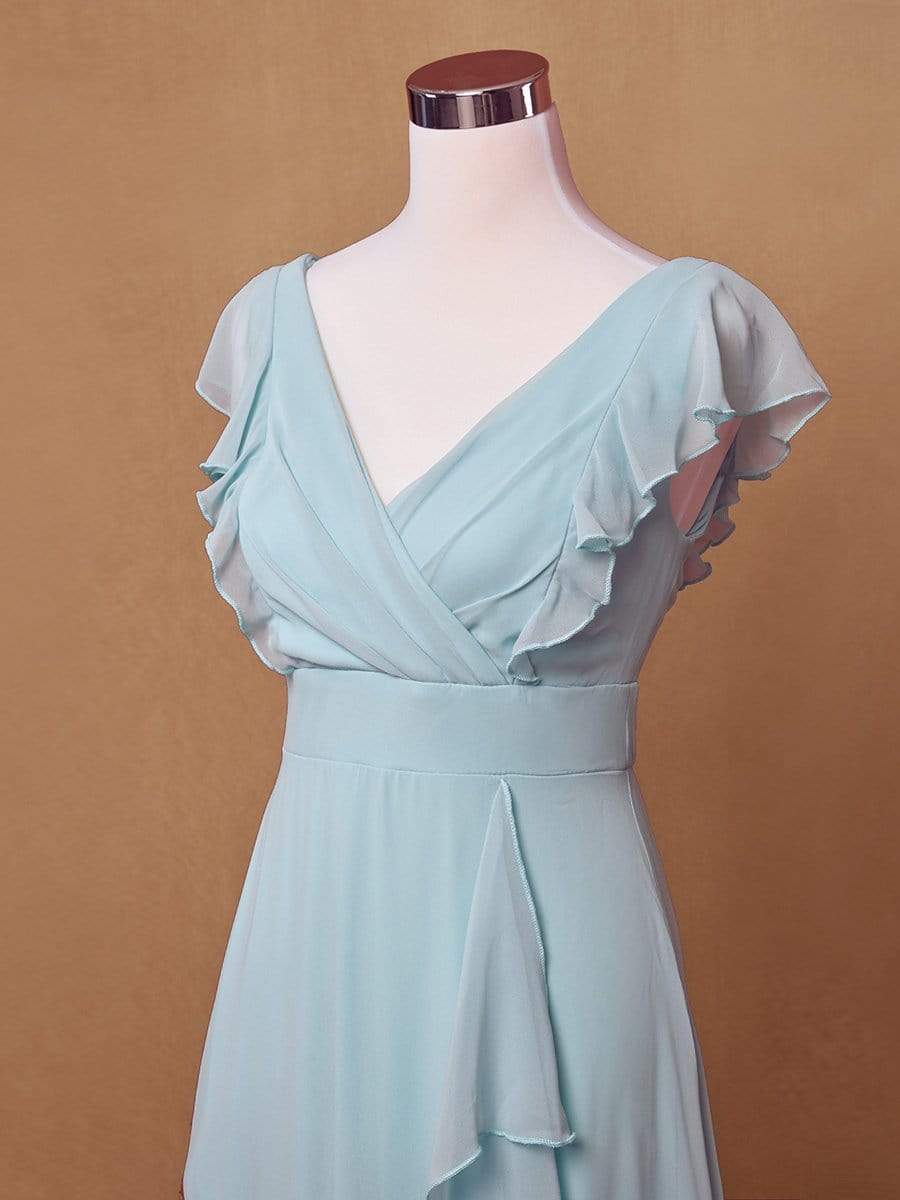 Color=Sky Blue | Ruffled V-Neck Cap Sleeve Floor Length Bridesmaid Dress-Sky Blue 7