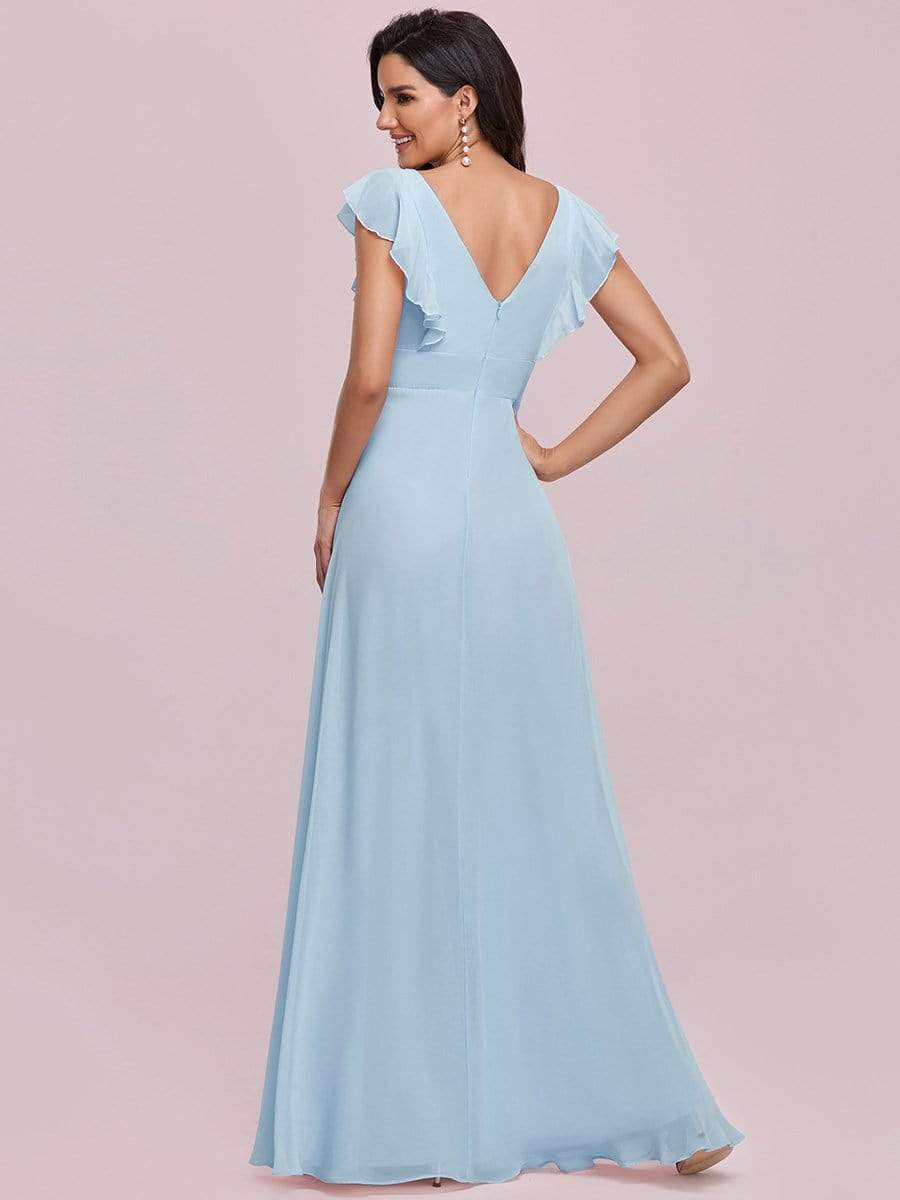 Color=Sky Blue | Ruffled V-Neck Cap Sleeve Floor Length Bridesmaid Dress-Sky Blue 5