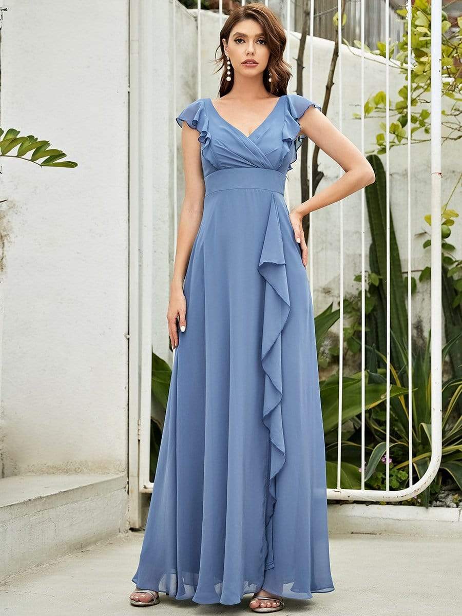 Color=Dusty Navy | Ruffled V-Neck Cap Sleeve Floor Length Bridesmaid Dress-Dusty Navy 5