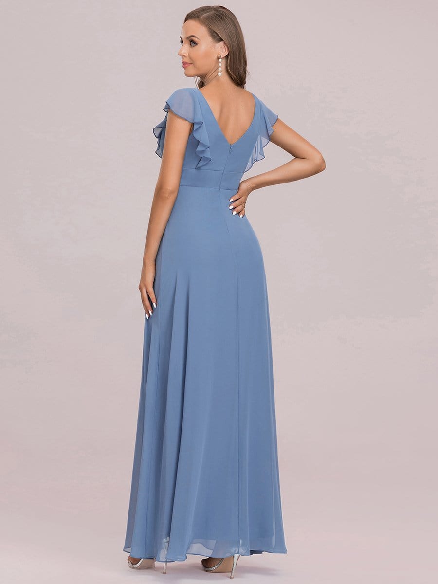 Color=Dusty Navy | Ruffled V-Neck Cap Sleeve Floor Length Bridesmaid Dress-Dusty Navy 7