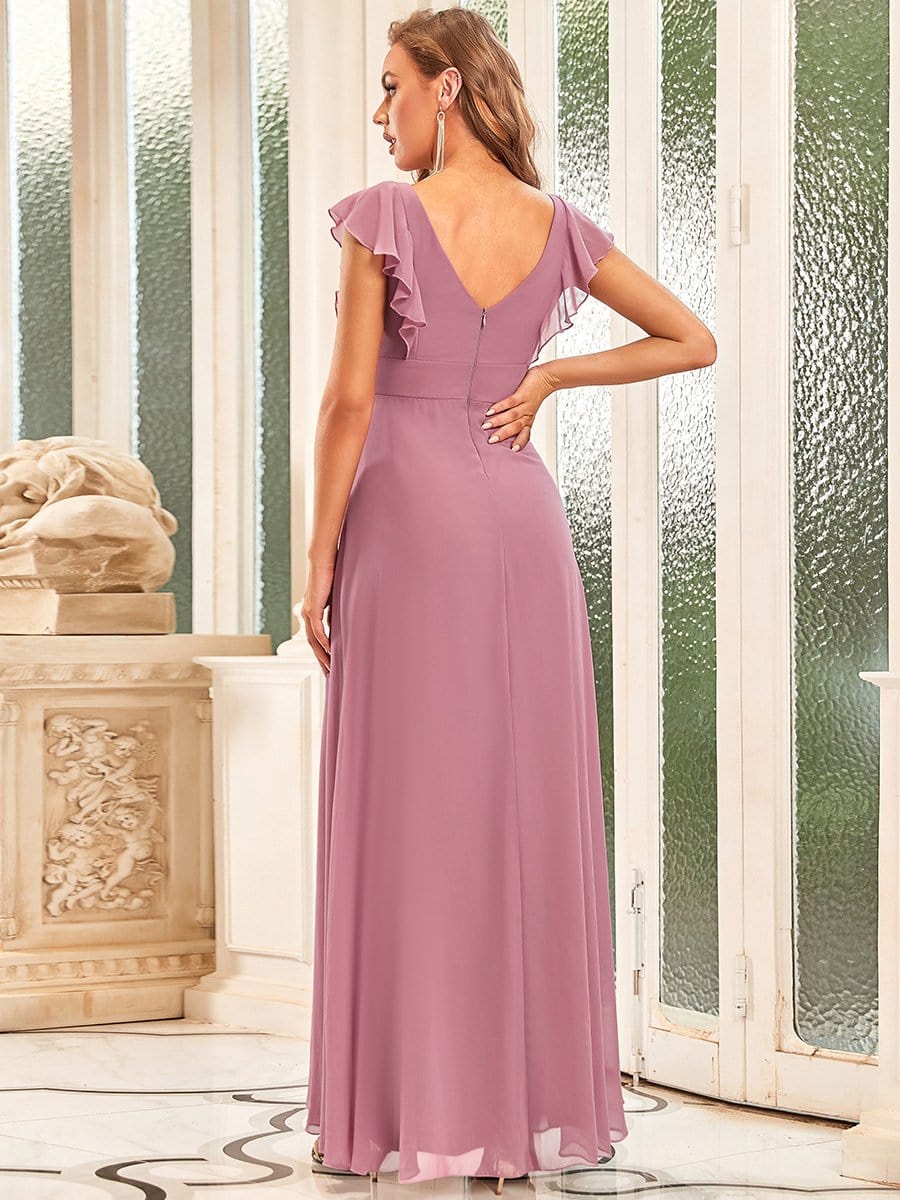 Color=Purple Orchid | Ruffled V-Neck Cap Sleeve Floor Length Bridesmaid Dress-Purple Orchid 2