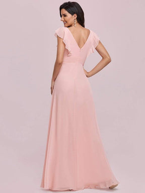 Color=Pink | Ruffled V-Neck Cap Sleeve Floor Length Bridesmaid Dress-Pink 6