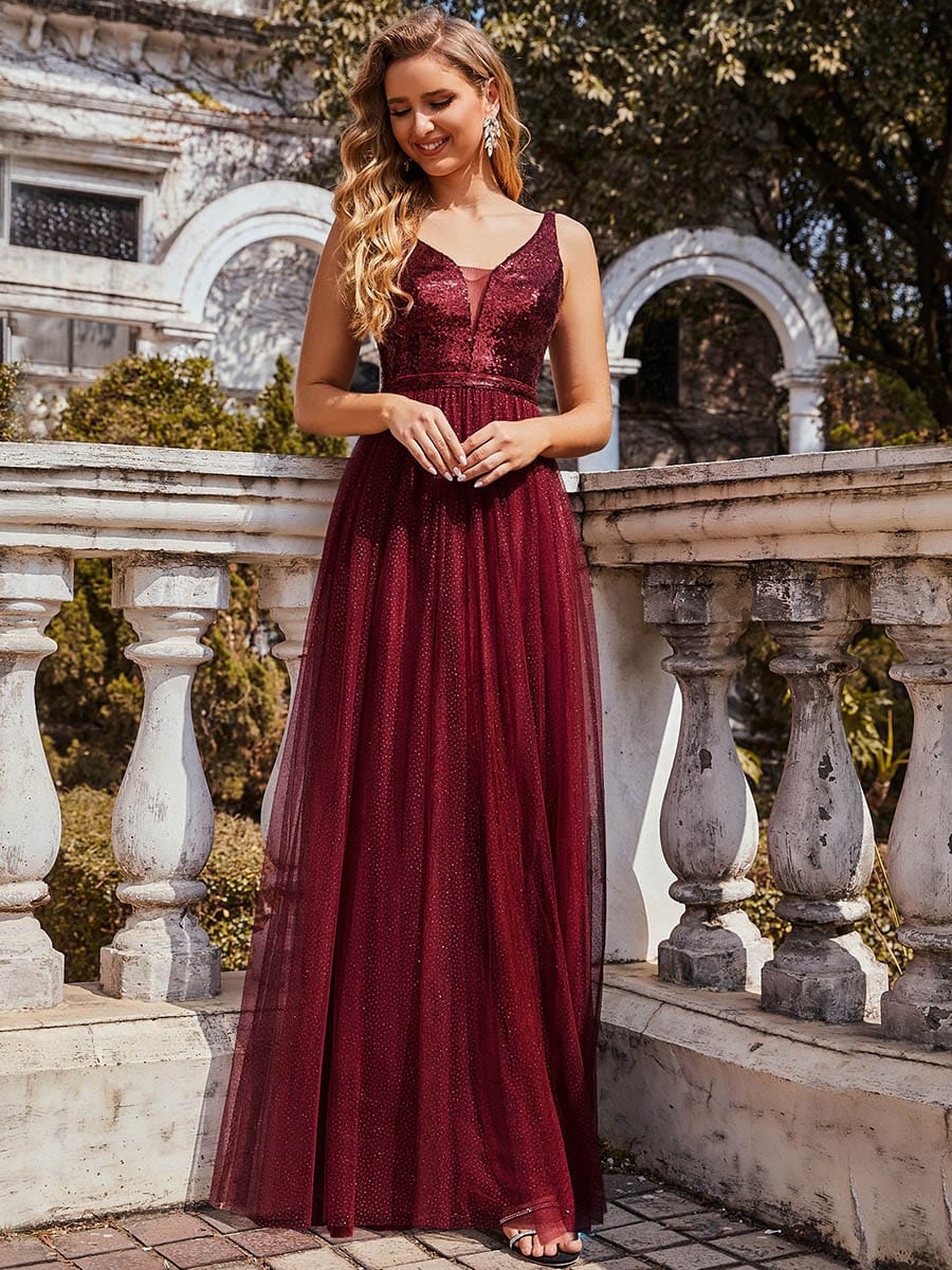 Color=Burgundy | Sexy V Neck Maxi Tulle Evening Dress With Sequin Bodice-Burgundy 2