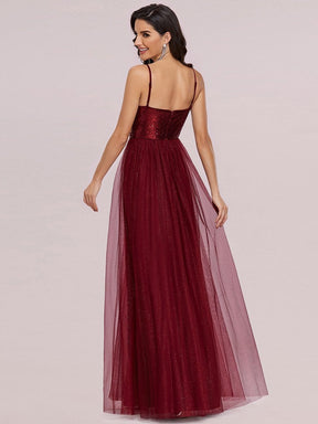 Color=Burgundy | Sexy V Neck Maxi Tulle Evening Dress With Sequin Bodice-Burgundy 3