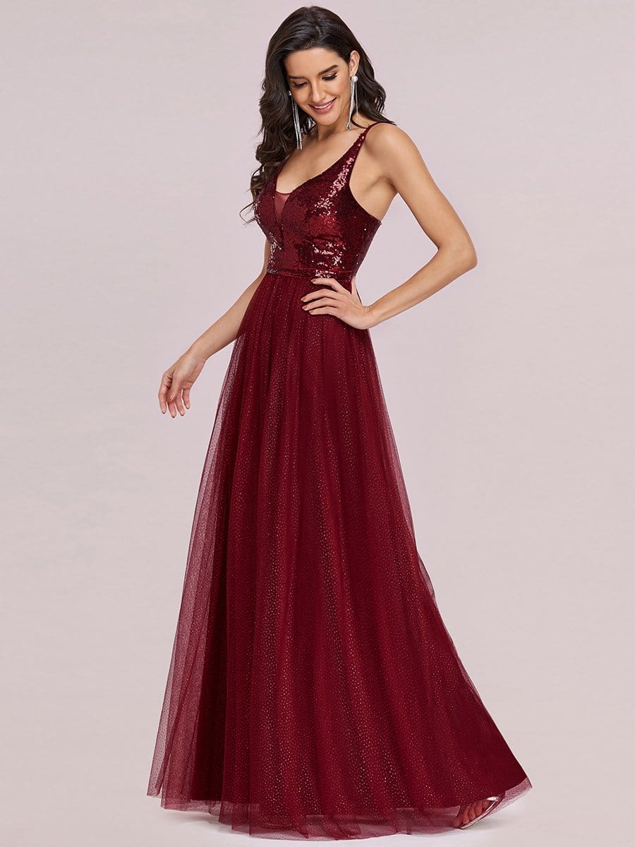 Color=Burgundy | Sexy V Neck Maxi Tulle Evening Dress With Sequin Bodice-Burgundy 4