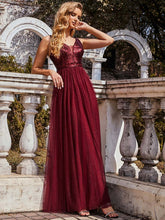 Color=Burgundy | Sexy V Neck Maxi Tulle Evening Dress With Sequin Bodice-Burgundy 1