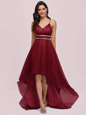 Color=Burgundy | Stylish High-Low Tulle Prom Dress With Beaded Belt-Burgundy 6