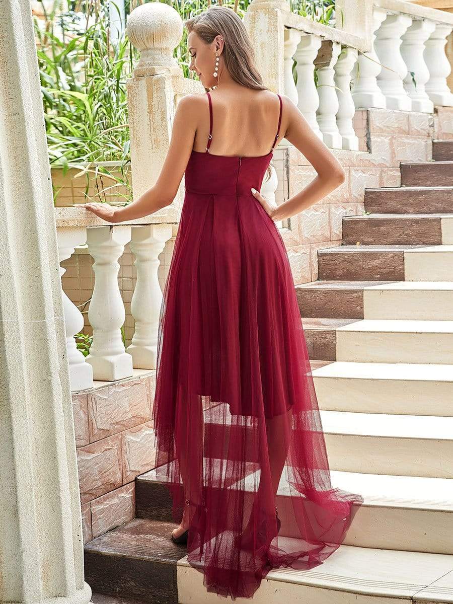 Color=Burgundy | Stylish High-Low Tulle Prom Dress With Beaded Belt-Burgundy 2