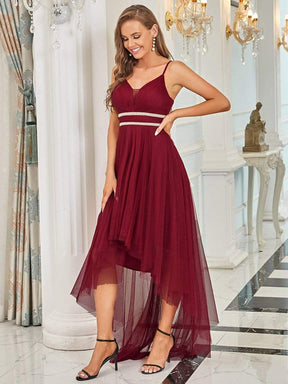Color=Burgundy | Stylish High-Low Tulle Prom Dress With Beaded Belt-Burgundy 4