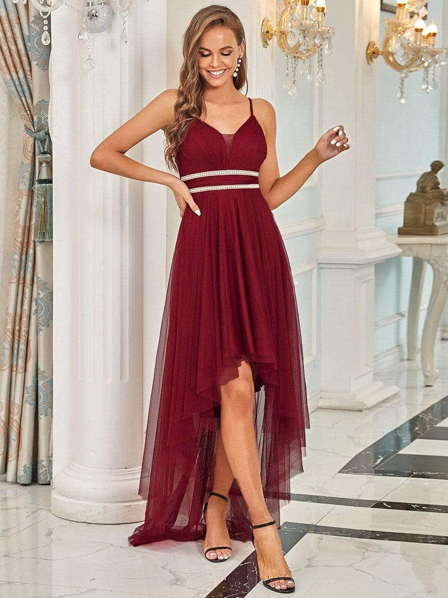 Color=Burgundy | Stylish High-Low Tulle Prom Dress With Beaded Belt-Burgundy 5