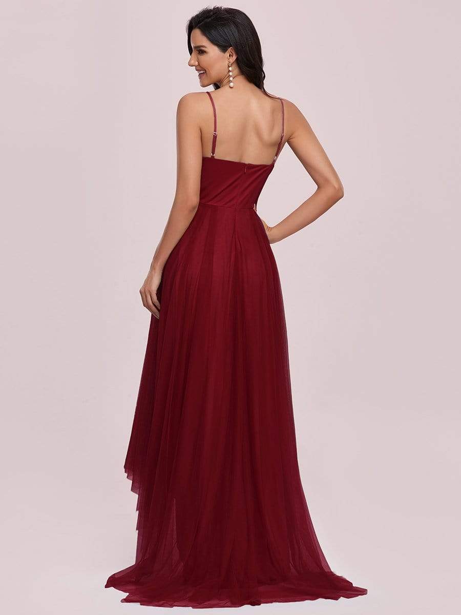 Color=Burgundy | Stylish High-Low Tulle Prom Dress With Beaded Belt-Burgundy 7