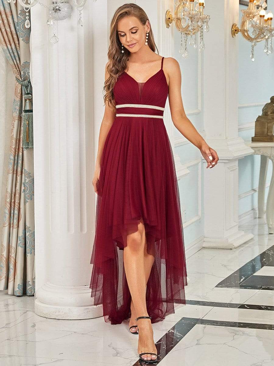 Color=Burgundy | Stylish High-Low Tulle Prom Dress With Beaded Belt-Burgundy 1