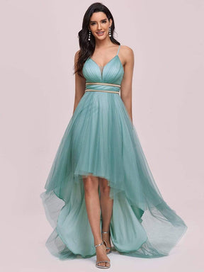 Color=Dusty blue | Stylish High-Low Tulle Prom Dress With Beaded Belt-Dusty Blue 6