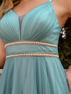Color=Dusty blue | Stylish High-Low Tulle Prom Dress With Beaded Belt-Dusty Blue 5