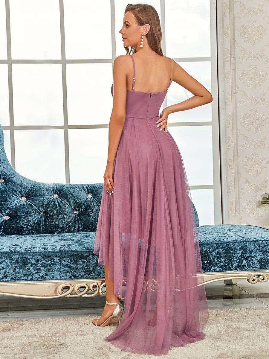 Color=Purple Orchid | Stylish High-Low Tulle Prom Dress With Beaded Belt-Purple Orchid 2