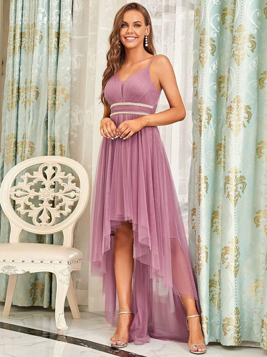 Color=Purple Orchid | Stylish High-Low Tulle Prom Dress With Beaded Belt-Purple Orchid 5