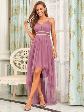 Color=Purple Orchid | Stylish High-Low Tulle Prom Dress With Beaded Belt-Purple Orchid 1