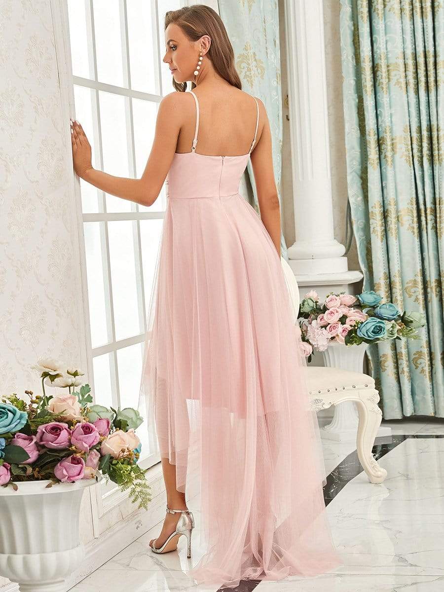 Color=Pink | Stylish High-Low Tulle Prom Dress With Beaded Belt-Pink 2