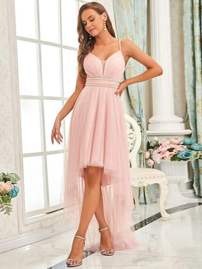 Color=Pink | Stylish High-Low Tulle Prom Dress With Beaded Belt-Pink 1
