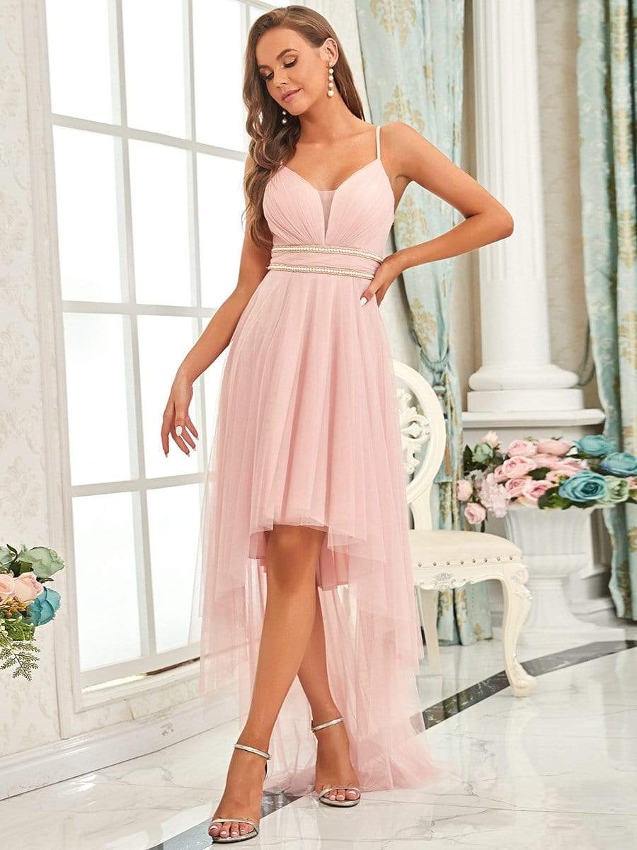 Color=Pink | Stylish High-Low Tulle Prom Dress With Beaded Belt-Pink 1