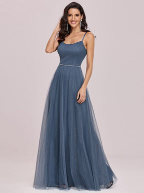 Color=Dusty Navy | Simple Glittering A-Line Evening Dress With Lace-Up Back-Dusty Navy 3