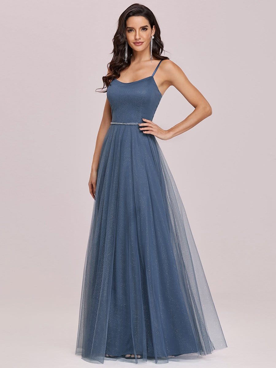 Color=Dusty Navy | Simple Glittering A-Line Evening Dress With Lace-Up Back-Dusty Navy 4