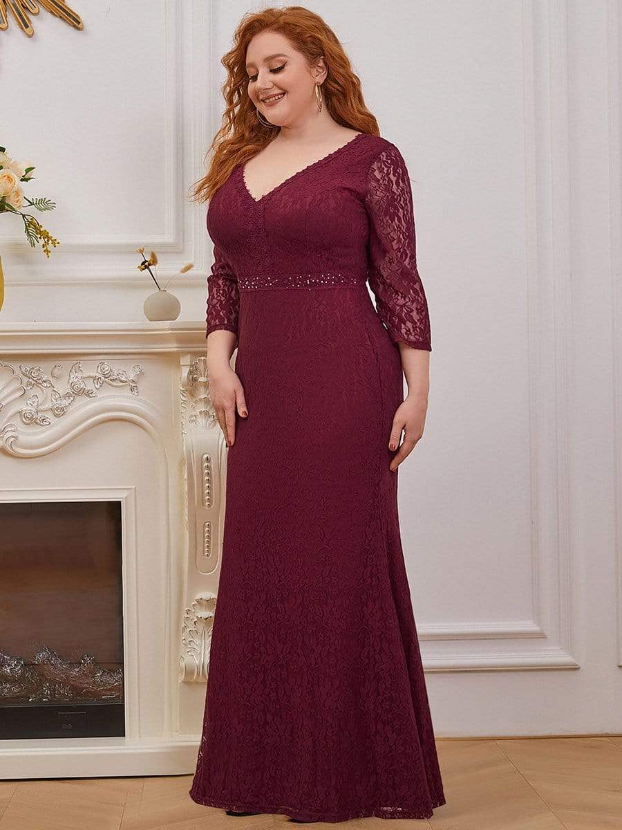 Color=Burgundy | Elegant Long Sleeves Lace Mermaid Evening Dress-Burgundy 3