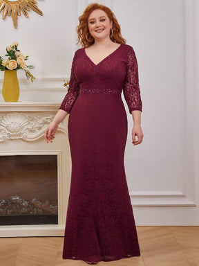 Color=Burgundy | Elegant Long Sleeves Lace Mermaid Evening Dress-Burgundy 4