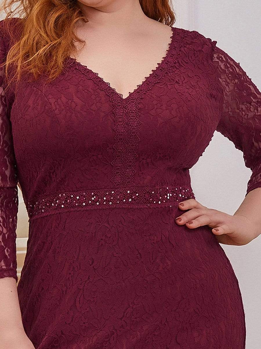 Color=Burgundy | Elegant Long Sleeves Lace Mermaid Evening Dress-Burgundy 5