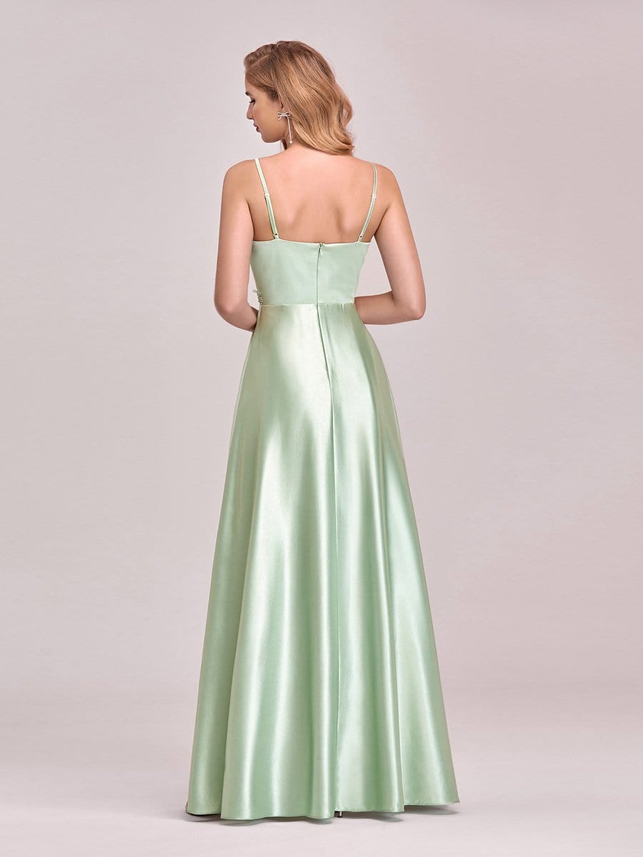 Color=Mint Green | Stunning Deep V Neck A-Line Satin Prom Dresses With Spaghetti Straps-Mint Green 2