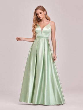 Color=Mint Green | Stunning Deep V Neck A-Line Satin Prom Dresses With Spaghetti Straps-Mint Green 3
