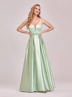 Color=Mint Green | Stunning Deep V Neck A-Line Satin Prom Dresses With Spaghetti Straps-Mint Green 4