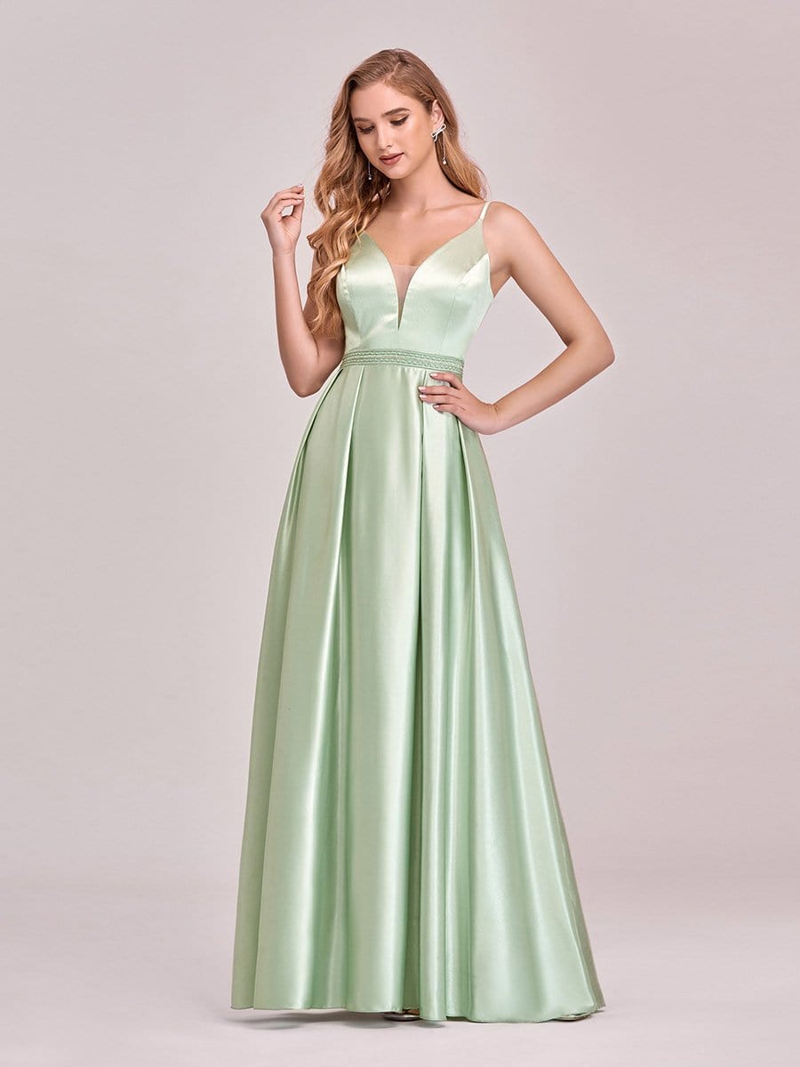 Color=Mint Green | Stunning Deep V Neck A-Line Satin Prom Dresses With Spaghetti Straps-Mint Green 1