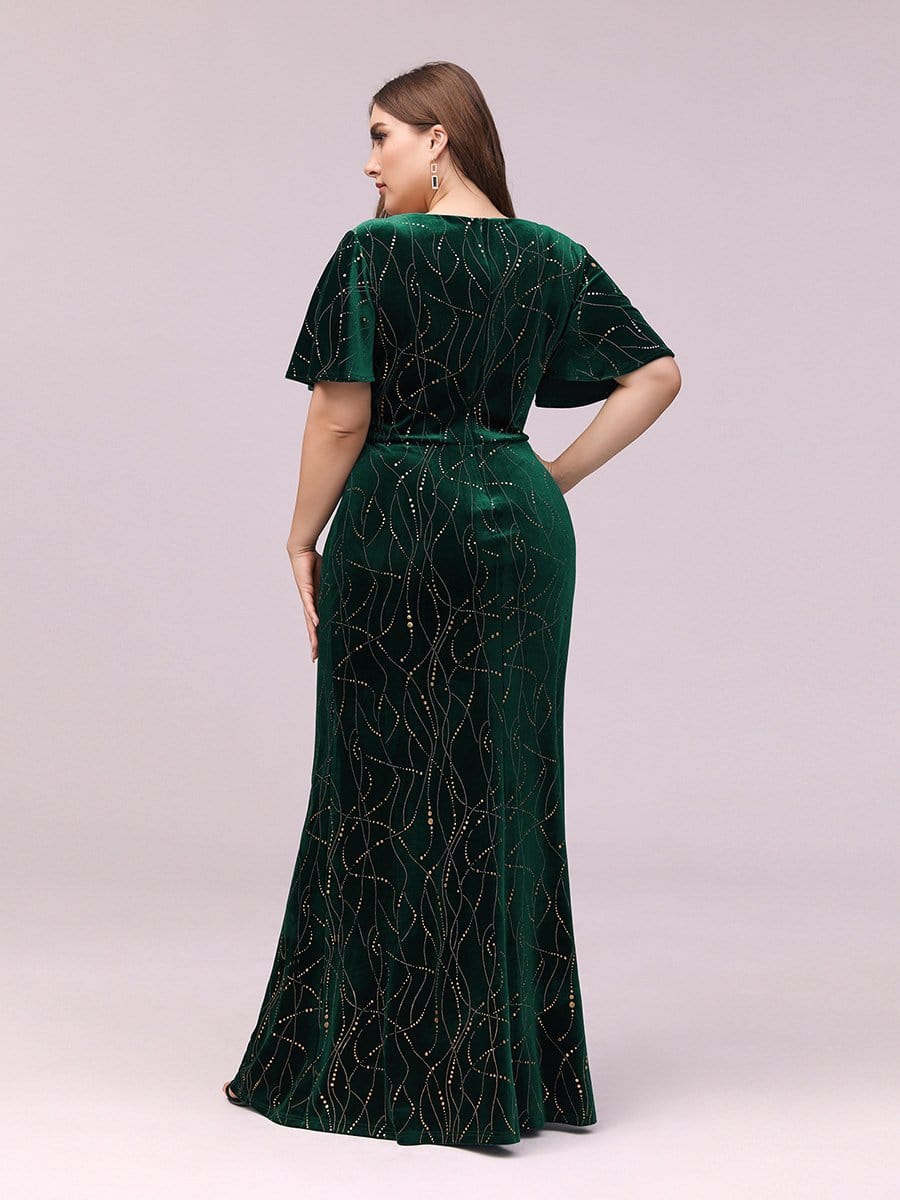 Color=Dark Green | Sexy V Neck Velvet Evenig Dress With Gold Stamping-Dark Green 2