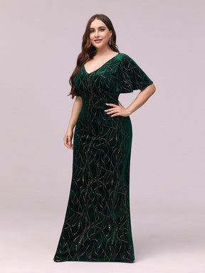 Color=Dark Green | Sexy V Neck Velvet Evenig Dress With Gold Stamping-Dark Green 3