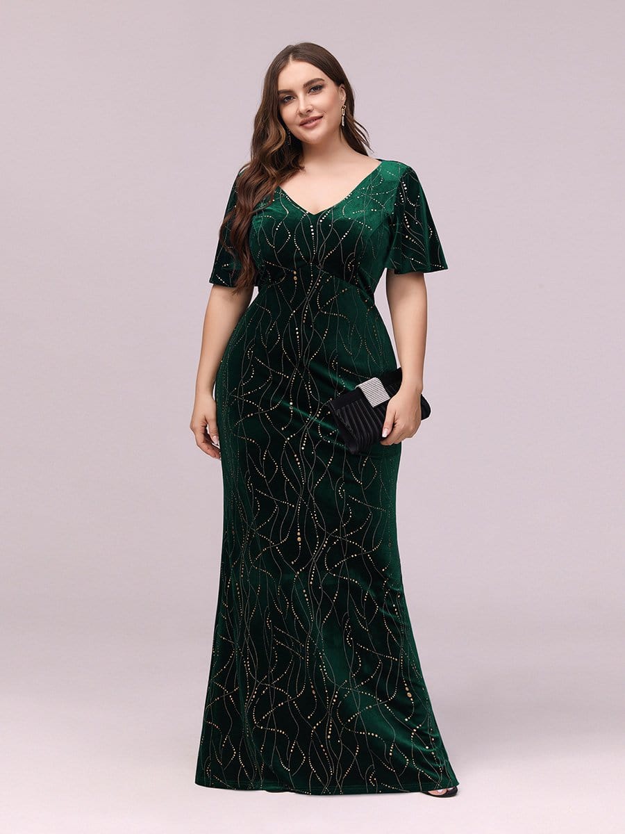 Color=Dark Green | Sexy V Neck Velvet Evenig Dress With Gold Stamping-Dark Green 4