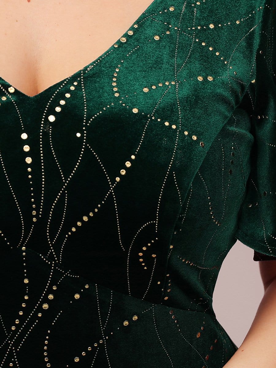 Color=Dark Green | Sexy V Neck Velvet Evenig Dress With Gold Stamping-Dark Green 5