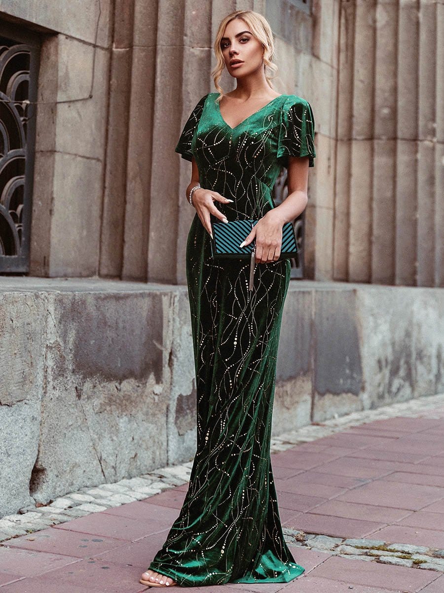 Color=Dark Green | Sexy V Neck Velvet Evenig Dress With Gold Stamping-Dark Green 1