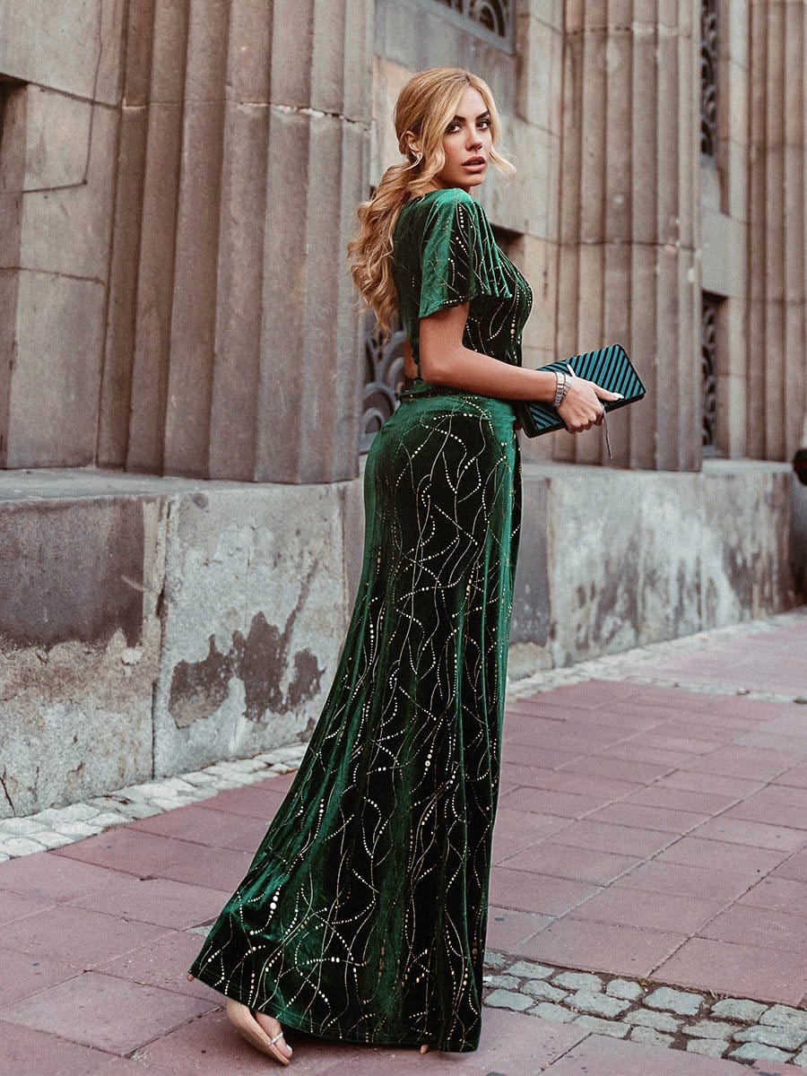Color=Dark Green | Sexy V Neck Velvet Evenig Dress With Gold Stamping-Dark Green 2