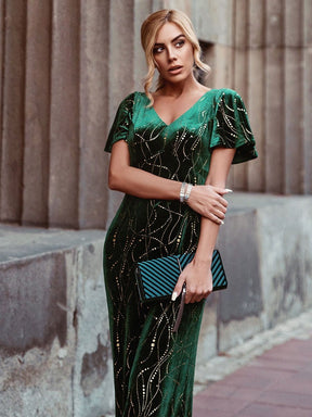 Color=Dark Green | Sexy V Neck Velvet Evenig Dress With Gold Stamping-Dark Green 3