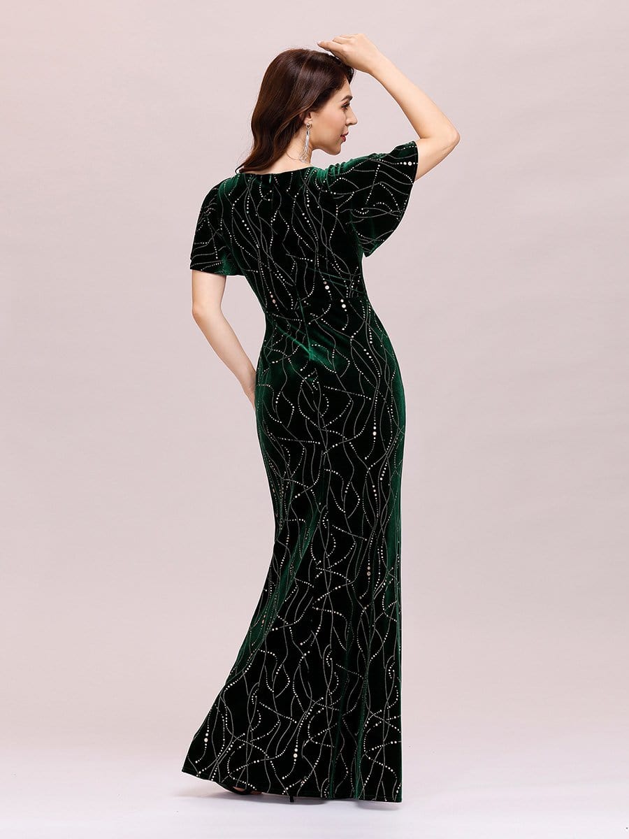 Color=Dark Green | Sexy V Neck Velvet Evenig Dress With Gold Stamping-Dark Green 7