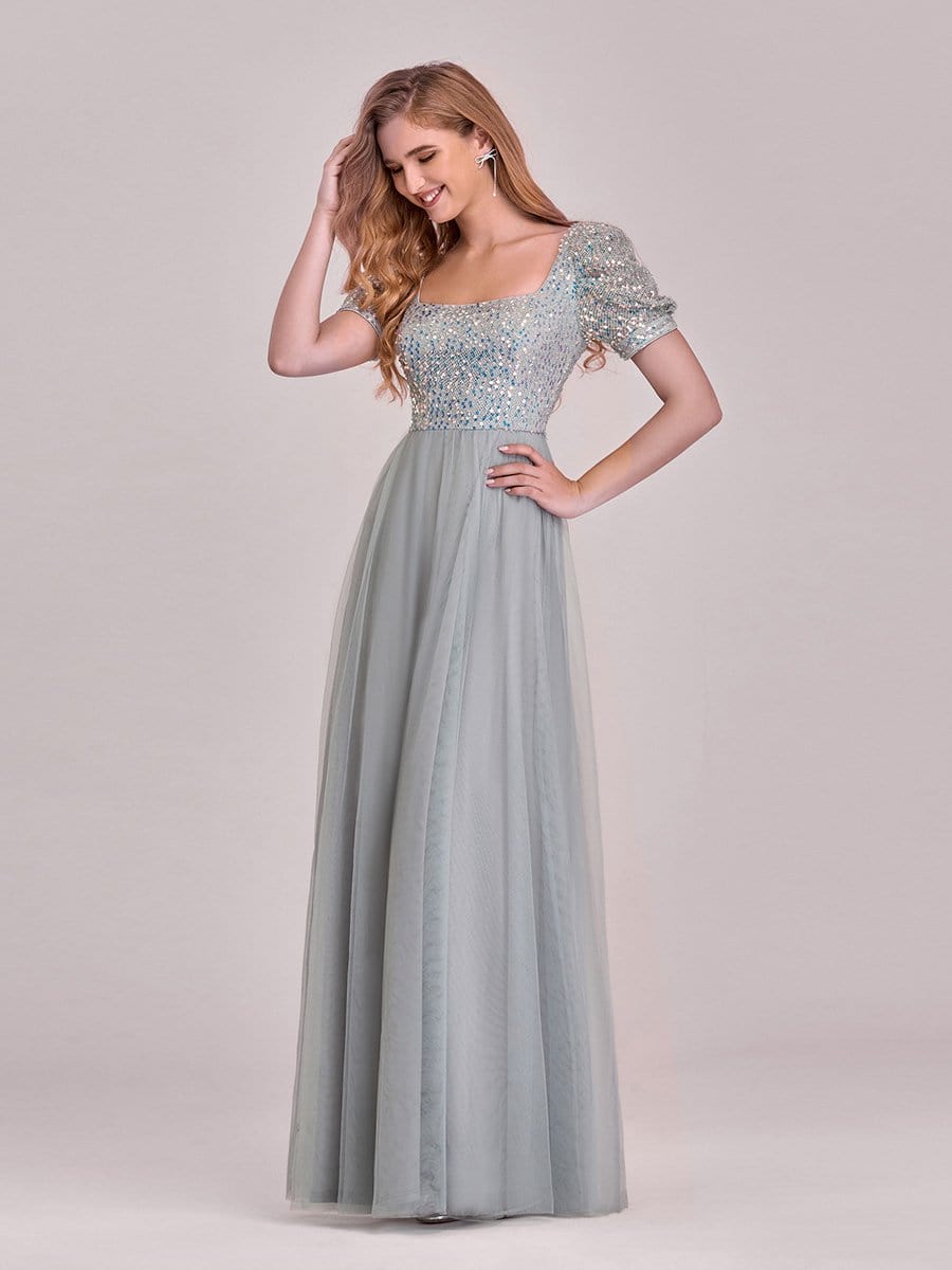 Color=Grey | Gorgeous Square Neckline A-Line Sequin & Tulle Prom Dresses-Grey 3
