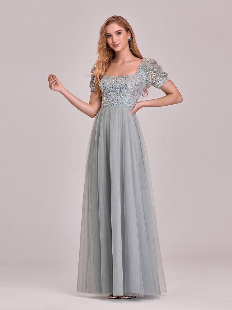 Color=Grey | Gorgeous Square Neckline A-Line Sequin & Tulle Prom Dresses-Grey 4